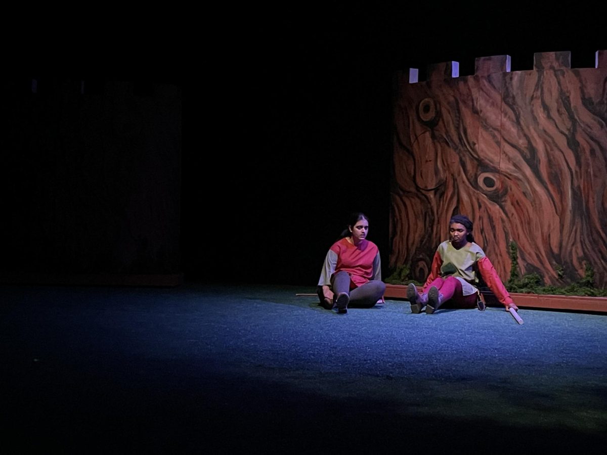 Emma Shimon, senior, as Alanna Dale is with J Saxon-Joseph, junior, as Will Scarlett and they share an emotional moment. This show is located in the Black Box Theater. Shows are Friday at 5 p.m. and Saturday at 1 and 6.