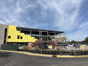 Construction workers building the inner wall of the Niles West addition in the northwest corner of the school.
