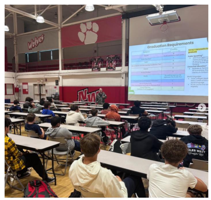 Guidance counselor Ben Grais talks to students about graduation requirements during their PW class on Oct. 7. The school-wide event involved students in course, college and career planning.
