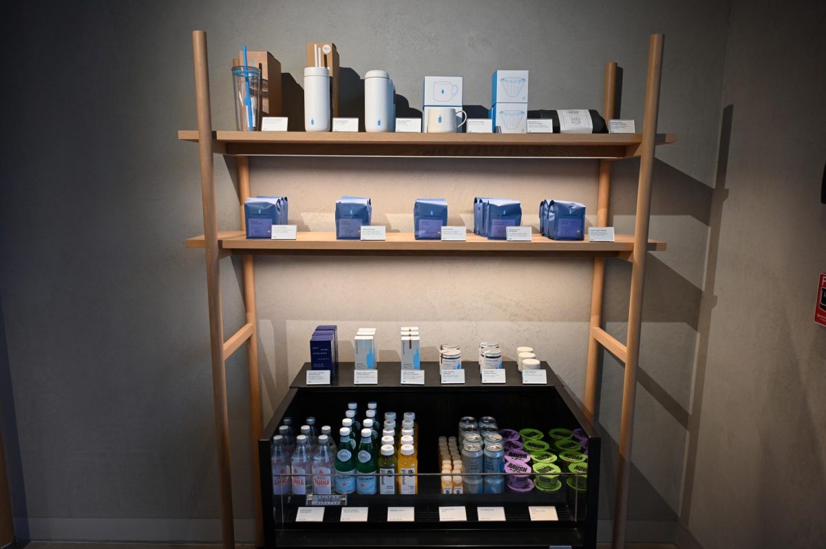 Blue Bottle Cafe products are ready to be purchased right as you enter the store. They offer a variety of coffees, accessories and small snacks.