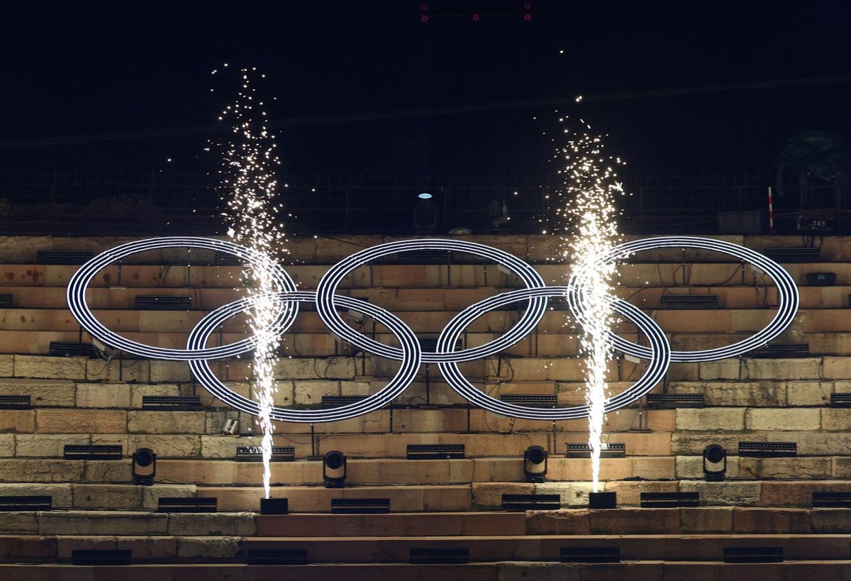 The Olympic Rings are seen during the Closing Ceremony. REUTERS/Claudia Greco