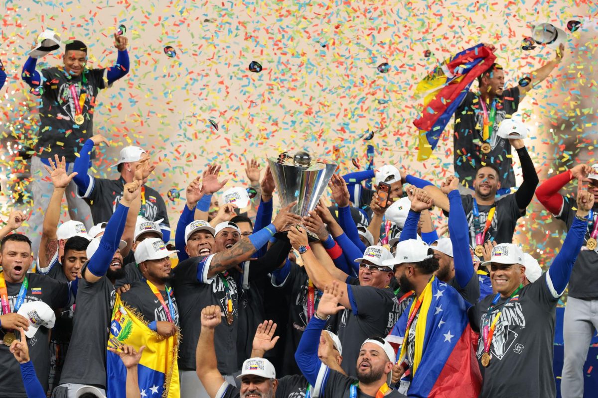 Mar 17, 2026; Miami, FL, United States; Venezuela reacts on the stage after defeating the United States during the 2026 World Baseball Classic Championship game at loanDepot Park. Mandatory Credit: Sam Navarro-Imagn Images